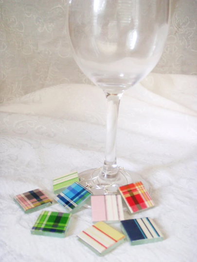 Plaid Pattern Wine Charms - Set Of 8