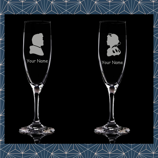 Set Of 2 Snow White Prince Engraved Flute Prosecco Glasses. Beautiful Etched Personalised With Name. Design Won't Wear Off.56
