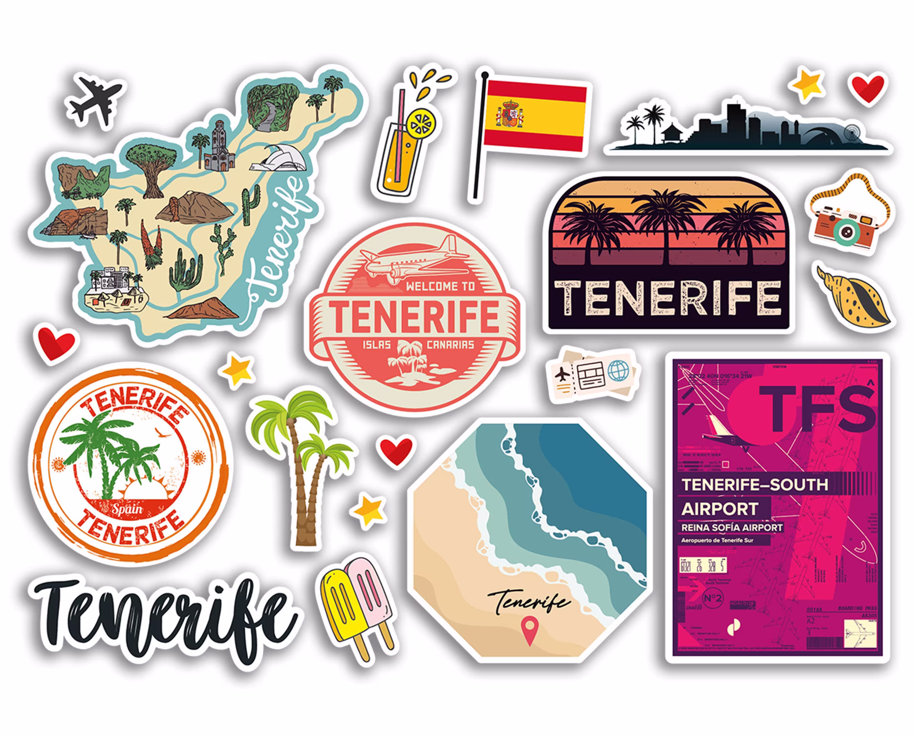 A5 Sticker Sheet Tenerife Landmarks Vinyl Stickers - Spain Spanish Summer Art Island Map Stamp City Travel Holiday Culture Aesthetic #79137