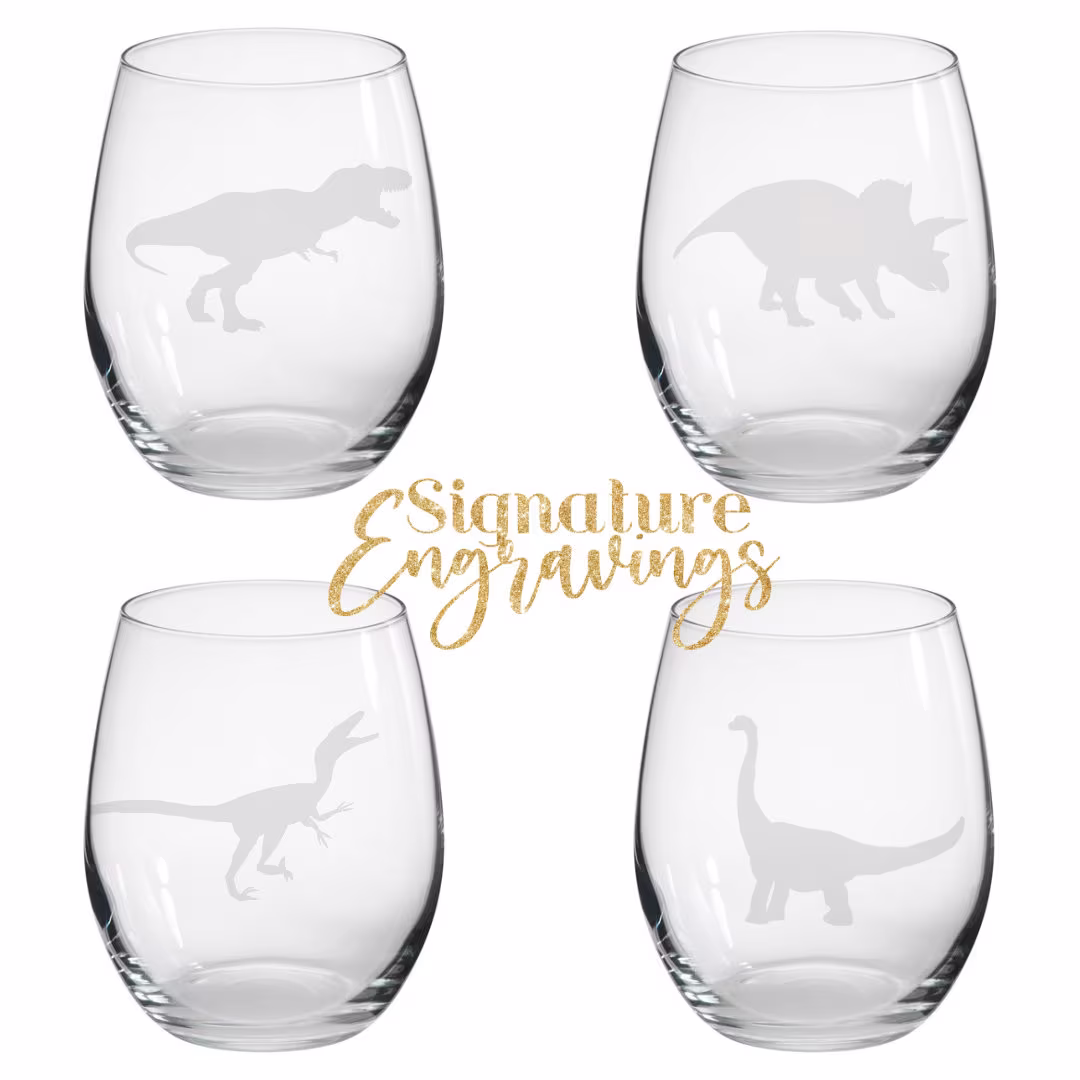 Personalised Dinosaur Engraved Stemless Glasses Gift Set, T-Rex Gin Glass, Gift, Gin, Lover