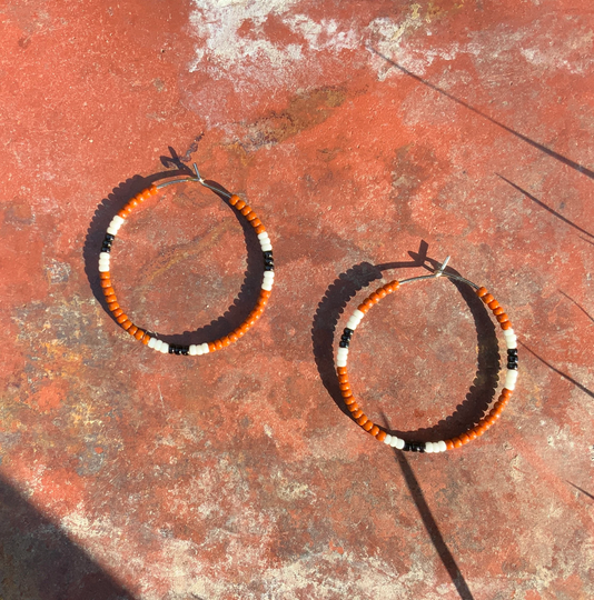 Boho Ethnic Folk Southwestern Beaded Hoop Earrings Terracotta, Black & Cream