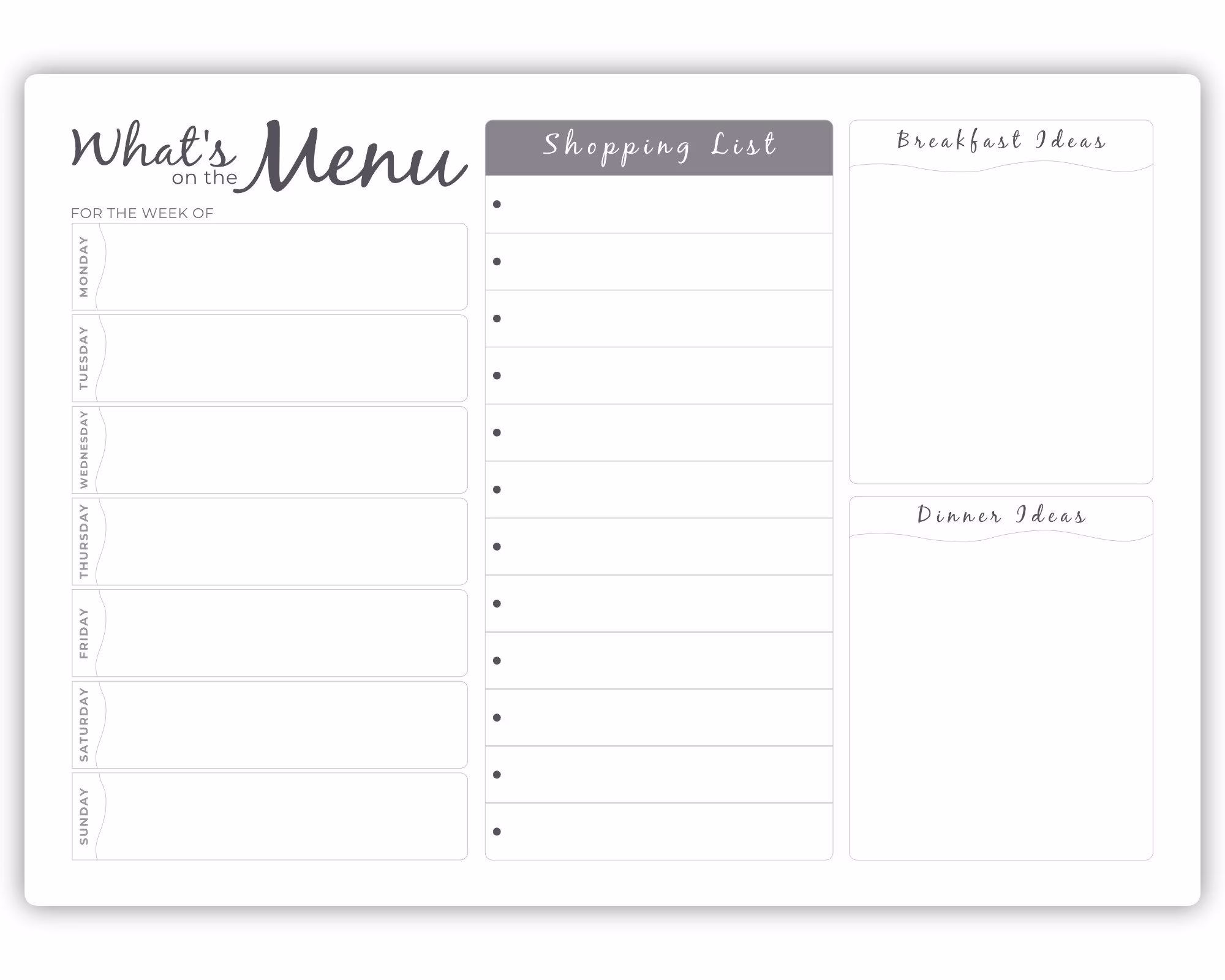 Weekly Family Menu Meal Planner A3 Whiteboard - Dry Wipe Clean Board Shopping Ideas