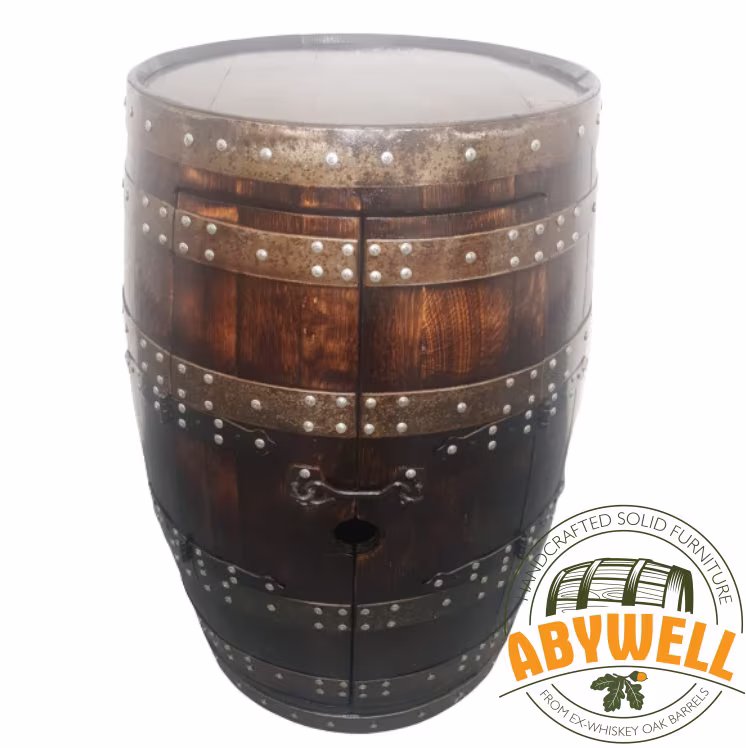 Whiskey Oak Barrel Drinks Cabinet | Double Doors_Shelf + Rack Burnt Finish