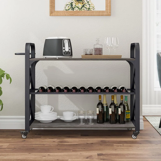 Bar Cart With Storage, 3 Tier Rolling Kitchen Island Cart With Wine Rack And Wheels, Industrial Metal Portable Liquor Wine Cart Table For Living Room,
