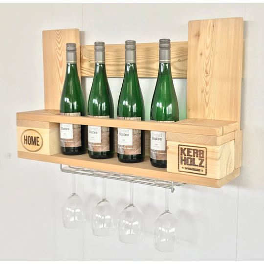 Annegred 4 Bottle Solid Wood Wall Mounted Wine Bottle & Glass Rack in Wood