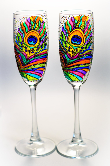 Champagne Flutes Peacock Feather Wedding Toasting Glasses, Personalized Glasses Set Of 2