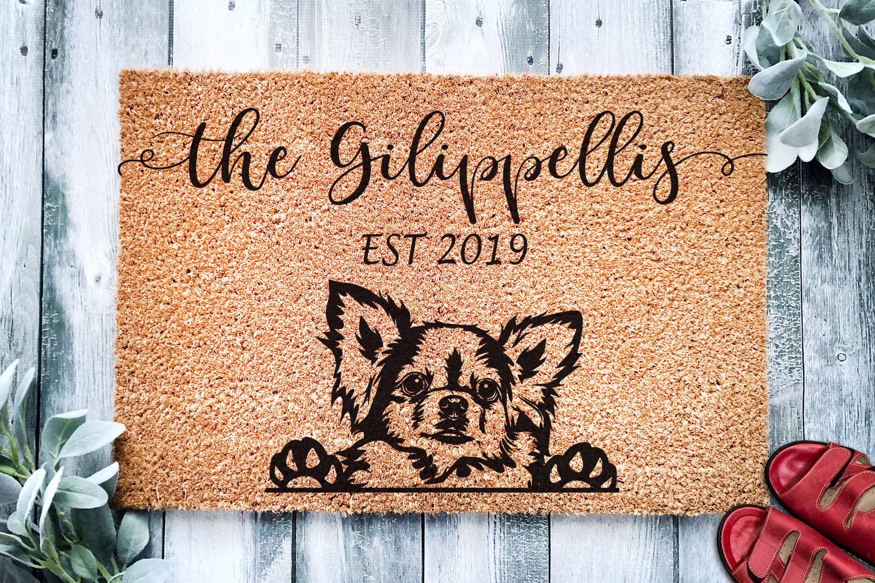 Long Haired Chihuahua Puppy Dog | Personalized Doormat Custom Welcome Mat Housewarming Gift Last Name Door