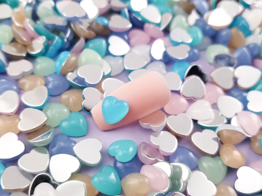 8mm Jelly Resin Opalite Moonstone Assorted Heart Flatback Cabochon, Shaker Mold Embellishment Bits, Silver-Backed Nail Hearts