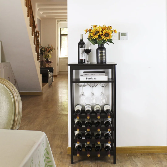 Wine Rack With Glass Holder, Free Standing Bamboo Wine Display Stand