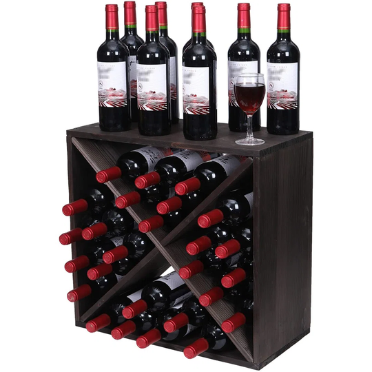 Wine Rack Cabinet Countertop Wooden Stackable Storage Retro Cube 24 Bottles Freestanding Floor Wine Holder Stand (Black)