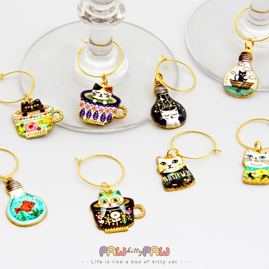 Cat Wine Glass Charm Set | Cat Lover Gift in A Mug Boho Owner Animal Pop Art
