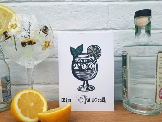 Handmade Linocut Gin & Tonic Card, Hand Printed Mother's Day Cute Mum Birthday Alcohol Related Card For