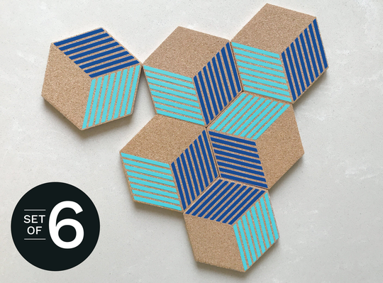 Blue Hexagon Coasters, Housewarming Gift, Modern, Geometric Decor, Set Of 6