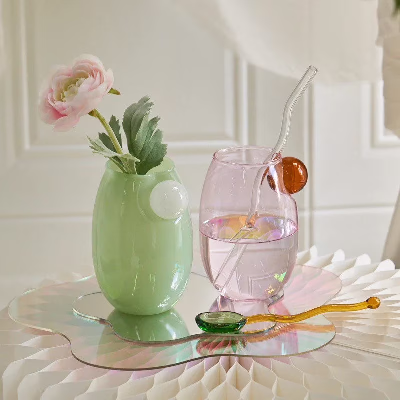 Creative Mid-Century Modern Round Glassware Water Cups Tumblers. Scandi Style Colourful Drinking Glass Vase Cocktail Fun Funky Bar Ware