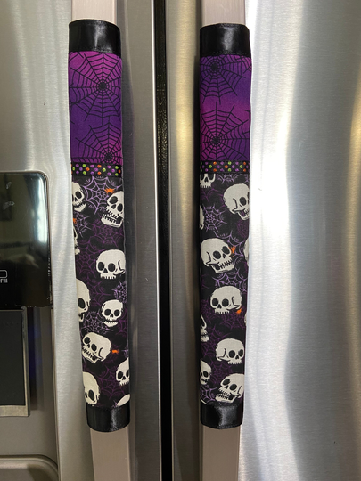 Refrigerator Door Handle Covers Set Of 2 Purple Skulls & Webs Theme 13" L X 5