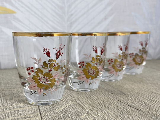 Gold Flower Shot Glasses Set - Wild Rose Pattern Glass Vintage Home Bar Up