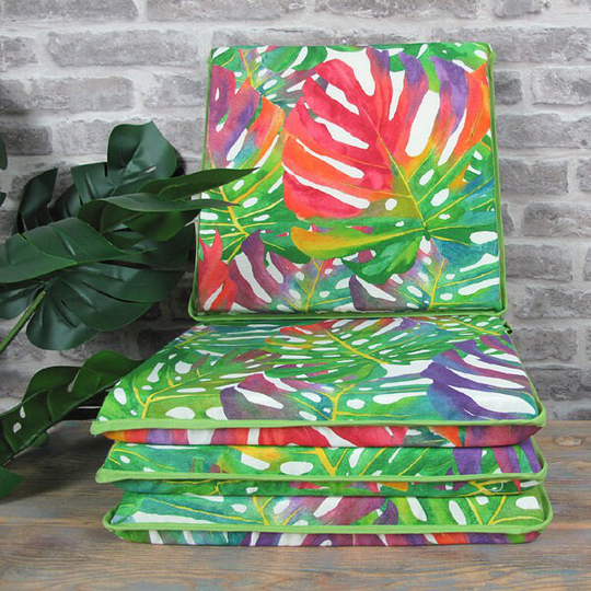 Set Of 4, 6 Or 8 Tropical Leaves Square Chair Seat Pads, Pad, Multi Colour Square Kitchen Chair Pad, Bistro, Bar, Patio Cushion