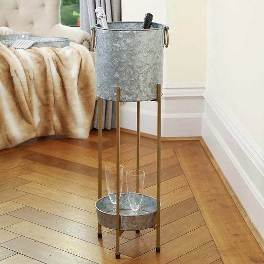 Luxury Galvanised Iron Two Tiered Collapsible Champagne Ice Wine Cooler Bucket On Stand With Tray