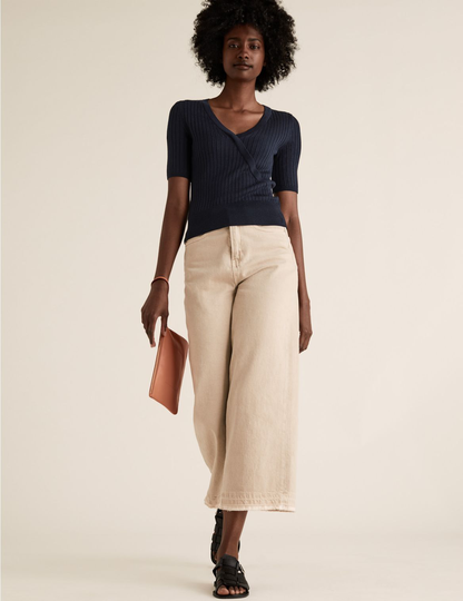 Knitted V-Neck Mock Wrap Top navy