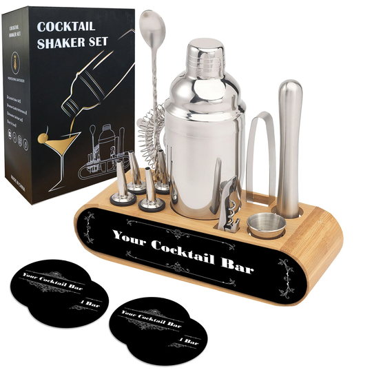 Cocktail Making Set - Shaker 11 Pcs Personalised Display Stand & 4 X Drinks Coasters A1247