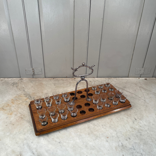 Antique Oak Church Congregation Wine Glass Carrying Tray With Silver Plated Handle