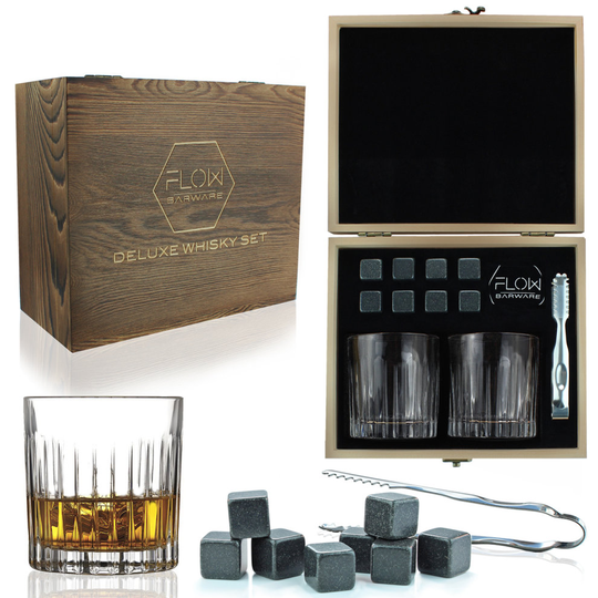 Deluxe Deco Crystal Whisky Glasses & Whiskey Stones Wooden Gift Box Set by FLOW Barware - Old Fashioned Italian Crystal Whisky Glass Tumblers