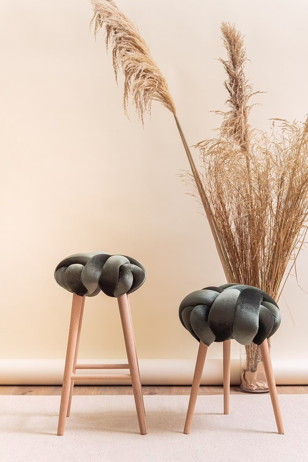 Olive Green Velvet Knot Bar Stool, Design Chair, Modern Industrial Wood Bar Velvet Stool