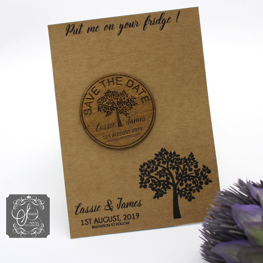 Tree Design Wooden Fridge Magnet Save The Date Brown Card & Envelope