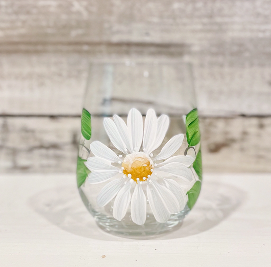 Painted White Daisy Stemless Wine Glasses. Hand Painted Tumbler Perfect For Your Favourite Wine