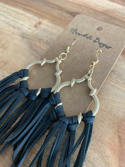 Basic Black Deerskin Genuine Leather Fringe Hoop Earrings, Double Cut, Leather, Boho, With Gold & Stylish