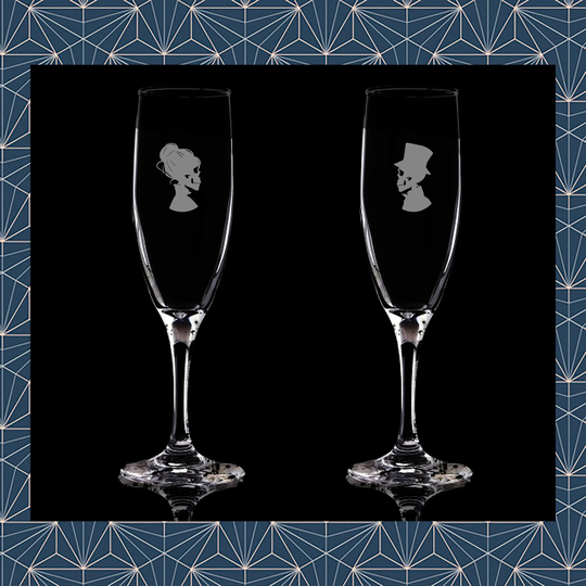 Set Of 2 Gothic Engraved Flute Prosecco Glasses. Beautiful Etched Personalised With Name. Design Won't Wear Off Like Vinyl.143