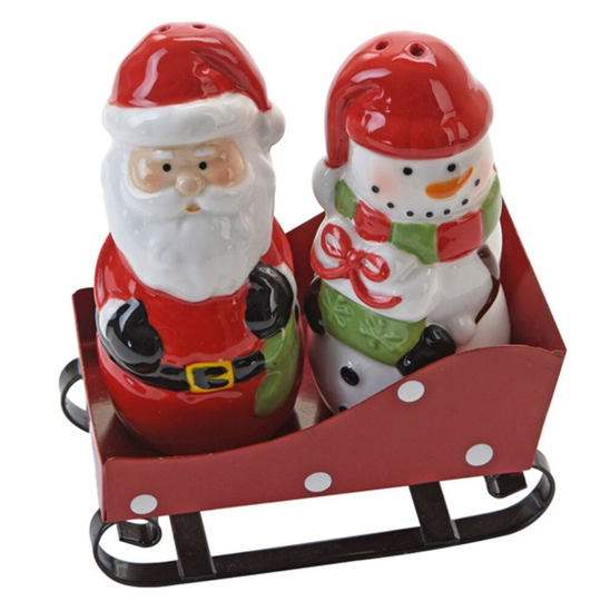 Santa's Sleigh Ceramic Salt and Pepper Set ~ Father Christmas and Snowman