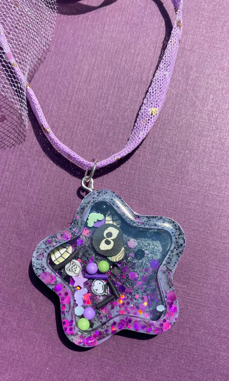 Halloween Black, Purple, Resin, Glittery, Shaker Star Necklace , Velvet Ribbon On A Jersey Cord. | Charms Inside That Move Around