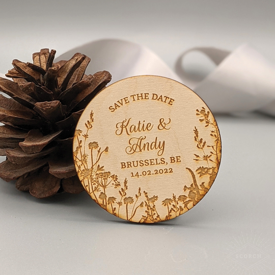 Wild Flowers | Wooden Save The Date Magnet Invitation | Script Font