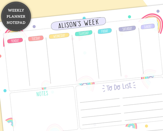 Personalised Weekly Planner Rainbow Notepad, Desk Pad Agenda, A4 Or A5 Tearable Pad, Daily Day Organiser, To Do List Schedule, Printed