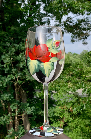 Painted Red Roses Wine Glasses, Black & White Stripes, Wedding Glass, Step Mom Gift, Mother Of The Bride Godmother Gift