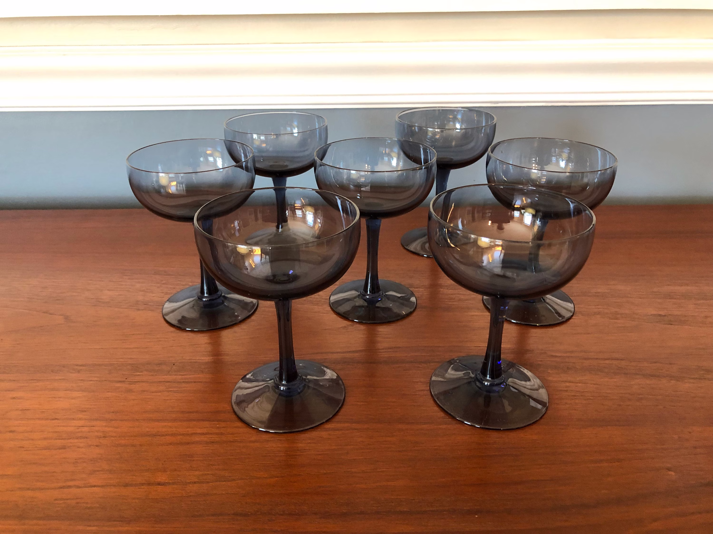 Vintage Elegant Cordial Coupes/Wine Glasses in Rich Smoky Blue Glass ~ Set Of Six Wow