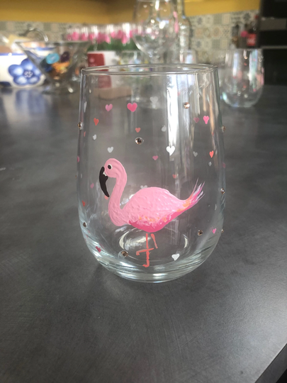 Hand Painted Flamingo & Hearts Design Tumbler/Gin Glass Can Be Personalised. With Our Without Added Bling Wedding Bridesmaid Birthday