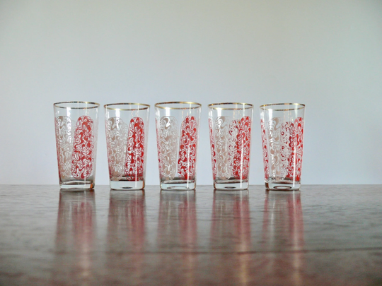 5 Atomic Red & White Highball Cocktail Glasses With Gold Rims, Vintage Amoeba Style Bar Cart Tumblers, Groovy 60S Barware