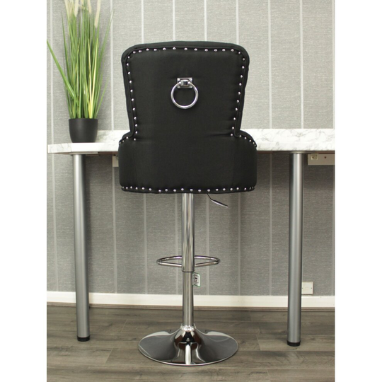 Black Linen Buttoned Bar Stool + Ring Knocker , Chrome Stand gas lift swivel kitchen bar
