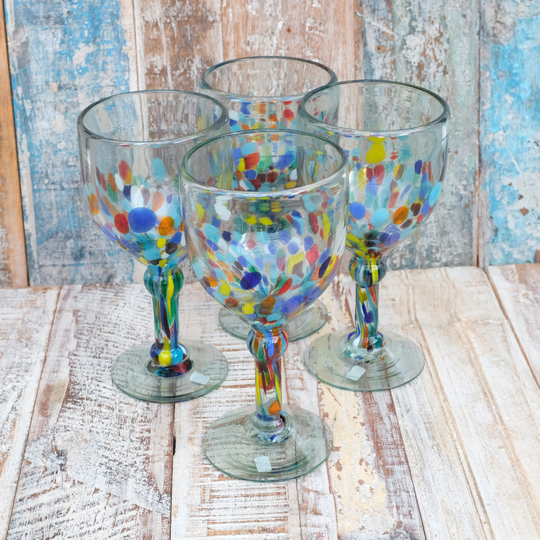 Mexican Recycled Blue Confetti Wine Glasses X 4