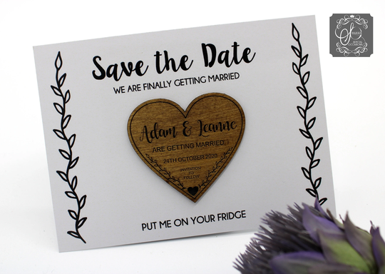 Heart & Laurel Detail Save The Date Wooden Fridge Magnet On White Card Background
