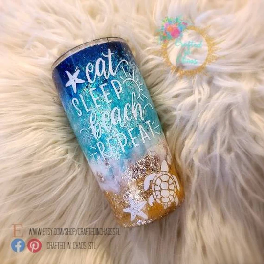 Beach Tumbler - Eat Sleep Repeat Glitter Stainless Steel Ozark/Rtic/Yeti Cup Vacation Scene