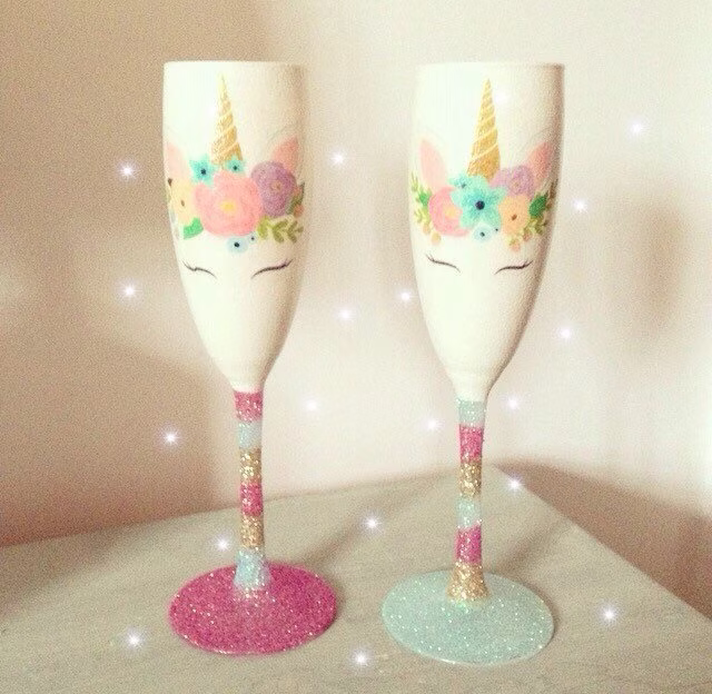 Pastel Unicorn Floral Glitter Champagne Prosecco Wine Glass Flute