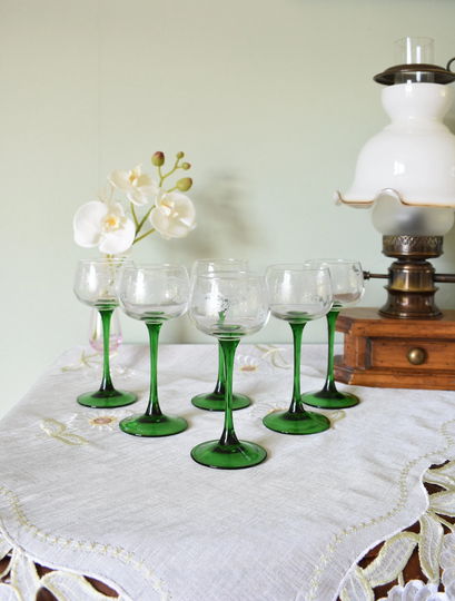 Vintage Retro France Luminarc Emerald Green Stem Wine Glasses Set For 6 | Pieces Mid Century #2111071