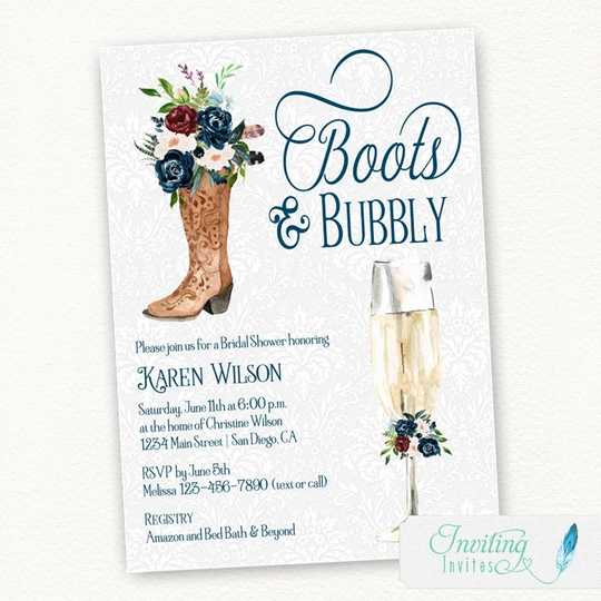 Cowboy Boots & Bubbly Bridal Shower Invitation, Champagne Invite, Navy Blue Burgundy Flowers, Cowgirl, Rustic Farm, Western, Country 116