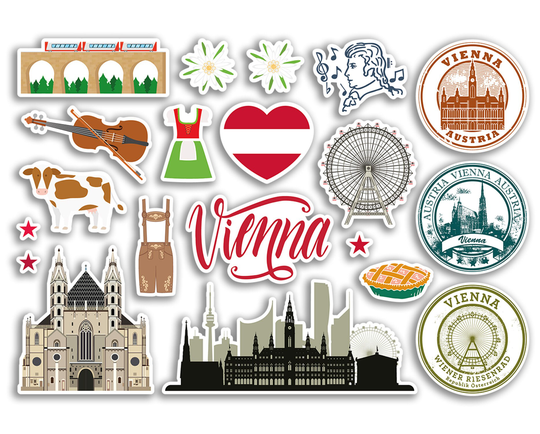 A5 Sticker Sheet Vienna Landmarks Vinyl Stickers - Austria Beach Airport Stamps Skyline Scrapbooking Flag Travel Holiday City Luggage #79111