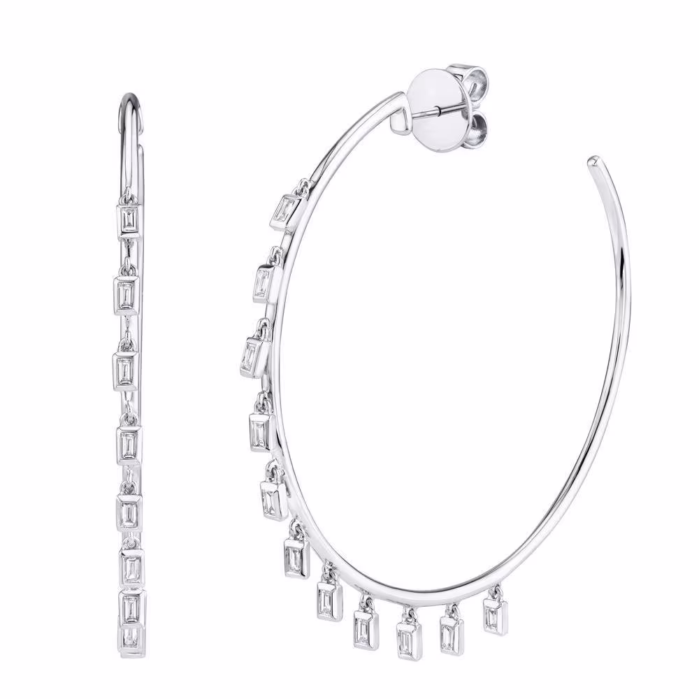 Baguette Diamond Shaker Hoop Earrings 14K White Gold Dangle Dangling Bezel Set 0.47Ct Certified Natural Open Back 2 Inch Diameter Gift Her