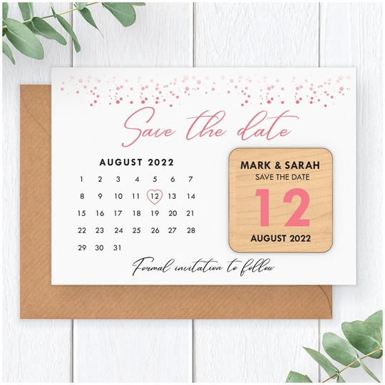 Modern Pink Polka Dot Wedding Save The Date Cards Magnet - Personalised Calendar Unique Wooden