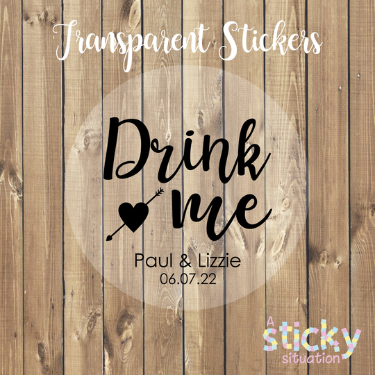 Transparent Drink Me Stickers, Wine Glass Shot Glass, Labels, Wedding Glasses, Personalized